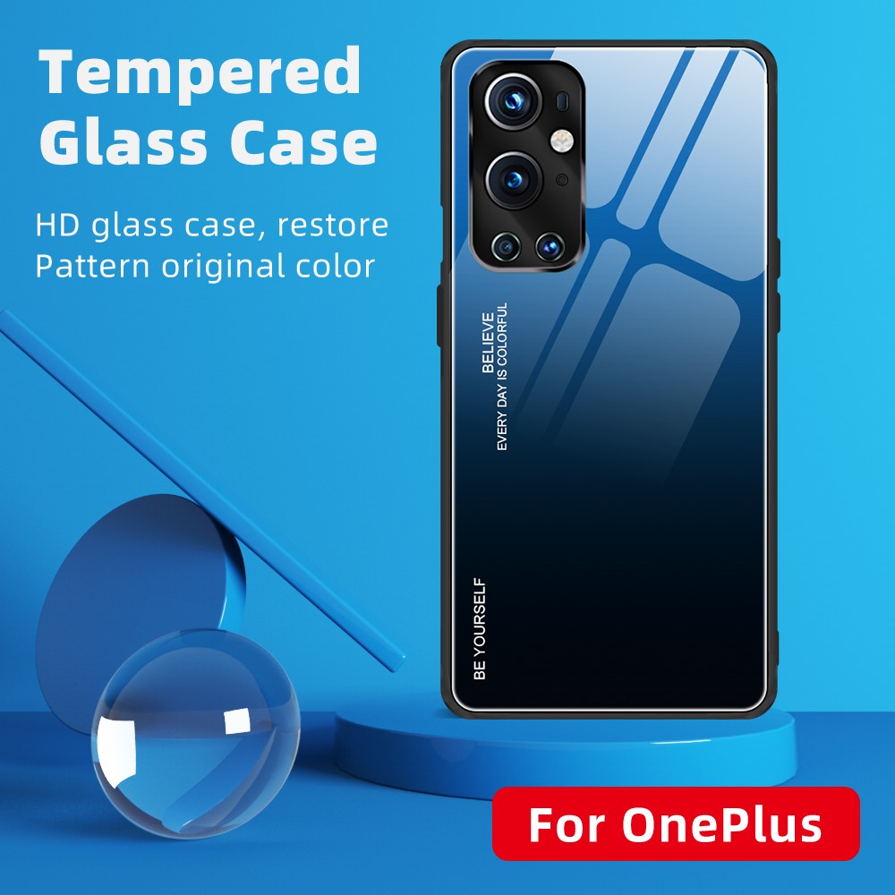 Casca de Tampa de Vidro Temperado Com Temperamento de Gradiente Capa Traseira Para OnePlus 9 Pro - Azul Preto