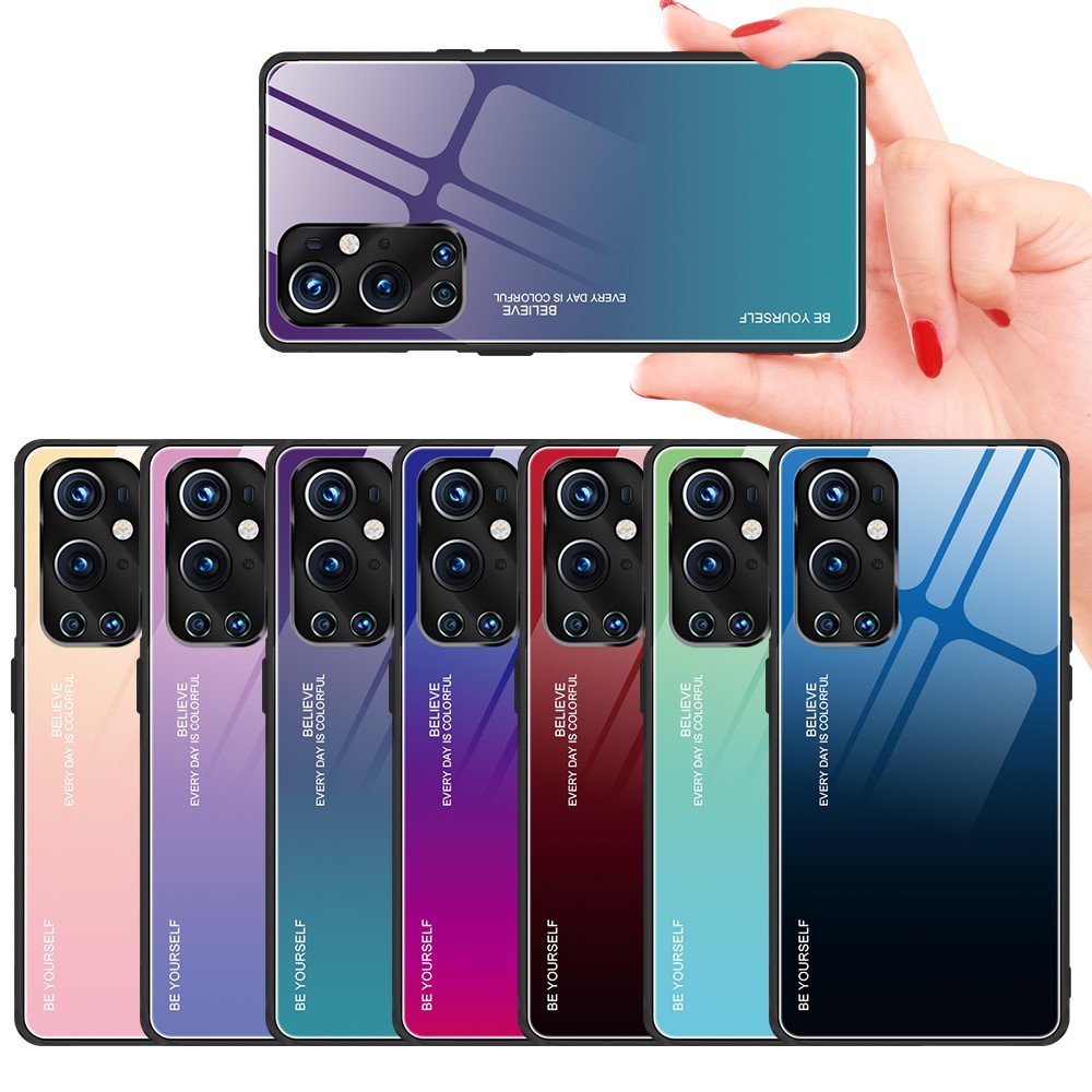 Gradient Tempered Glass Cover TPU Frame Back Case for OnePlus 9 Pro - Blue/Black-7
