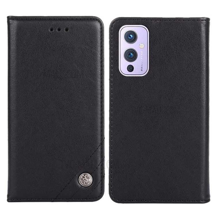 Auto-absorbed Retro Style PU Leather Phone Case Wallet for OnePlus 9 (IN / CN Version) - Black-1