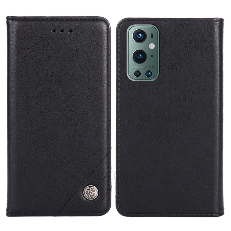 Auto-absorbed Closing Retro Style PU Leather Mobile Phone Case Wallet for OnePlus 9 Pro - Black-1