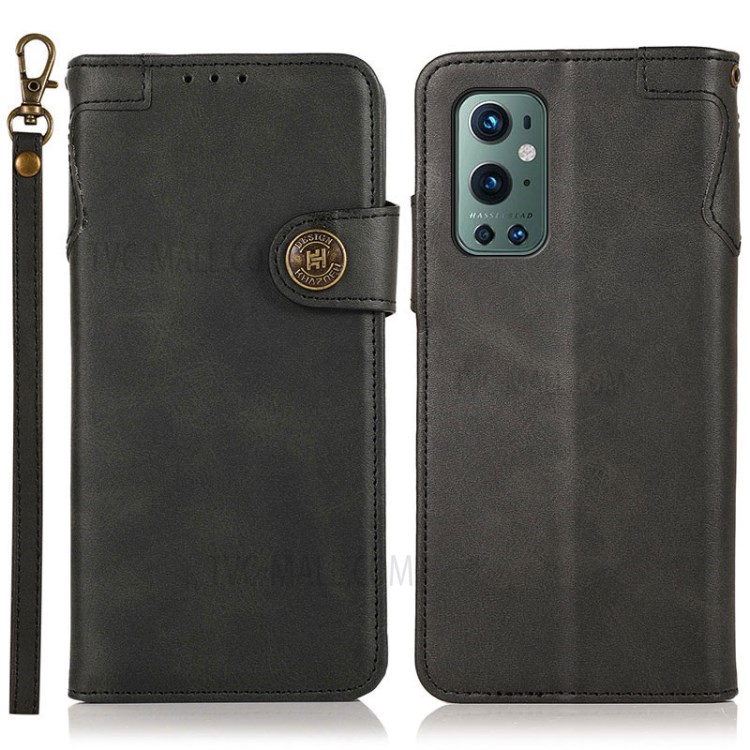 KHAZNEH for OnePlus 9 Pro Shockproof Leather Stand Case Wallet Cover with Carrying Strap - Black-1
