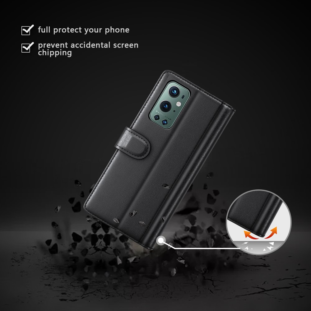 Genuine Split Leather Wallet Stand Protective Case for OnePlus 9 Pro - Black-12