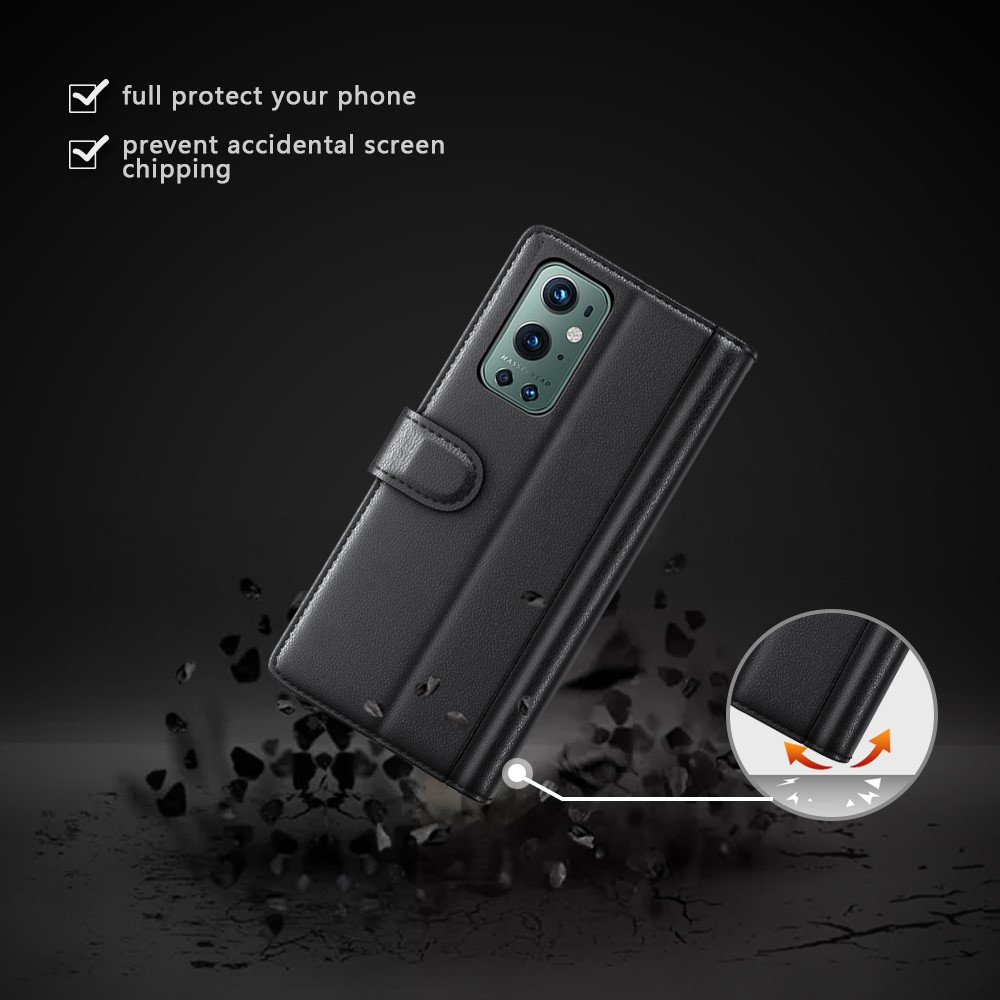 Funda Protectora De Soporte De Billetera De Cuero Dividido Genuino Para OnePlus 9 Pro - Negro