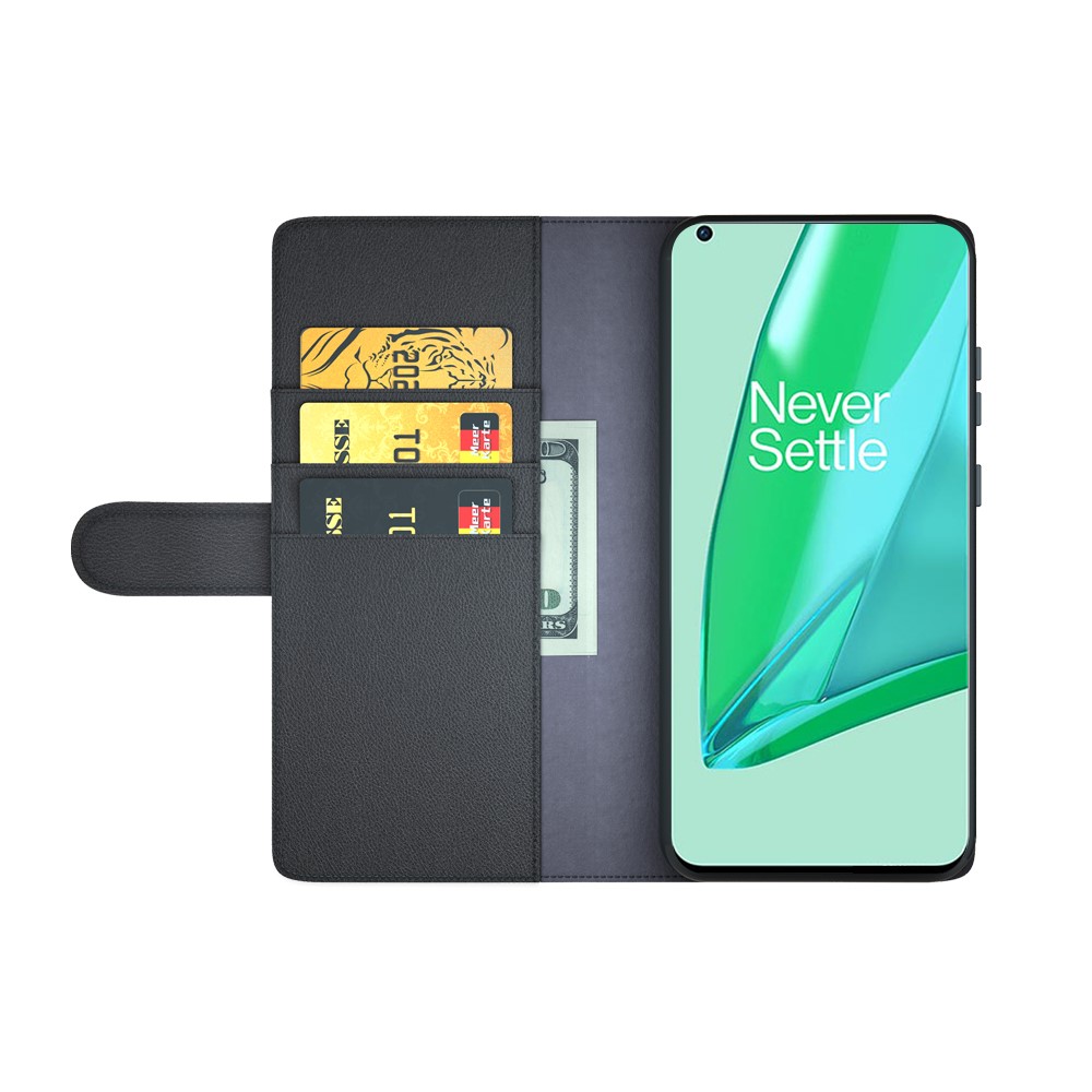 Genuine Split Leather Wallet Stand Protective Case for OnePlus 9 Pro - Black-4