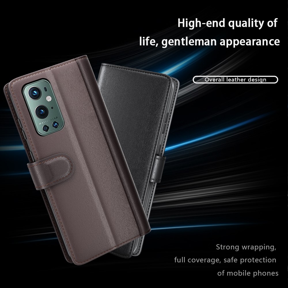 Genuine Split Leather Wallet Stand Protective Case for OnePlus 9 Pro - Black-6