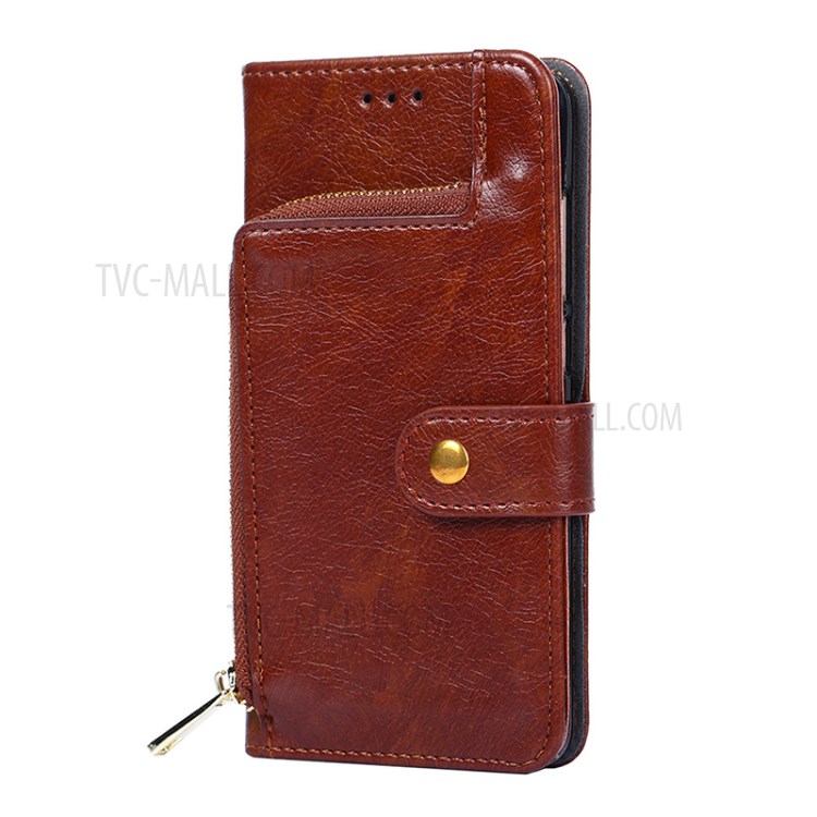 Full Protection Leather Phone Stand Case with Zipper Pocket for OnePlus 9 Pro - Brown-3
