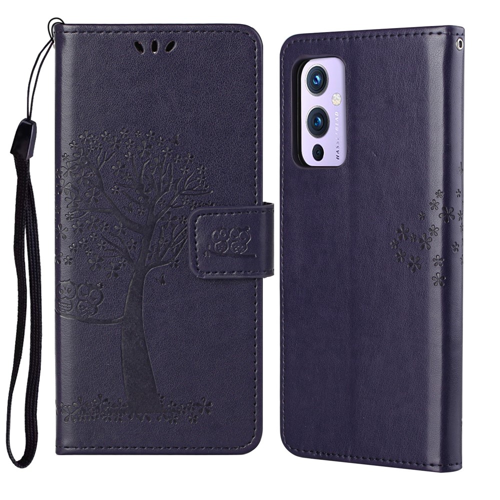 Imprint Tree Owl Pattern Flip Stand Wallet Leather Mobile Casing for OnePlus 9R - Dark Blue-1