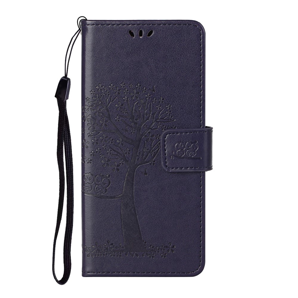 Imprint Tree Owl Pattern Flip Stand Wallet Leather Mobile Casing for OnePlus 9R - Dark Blue-2