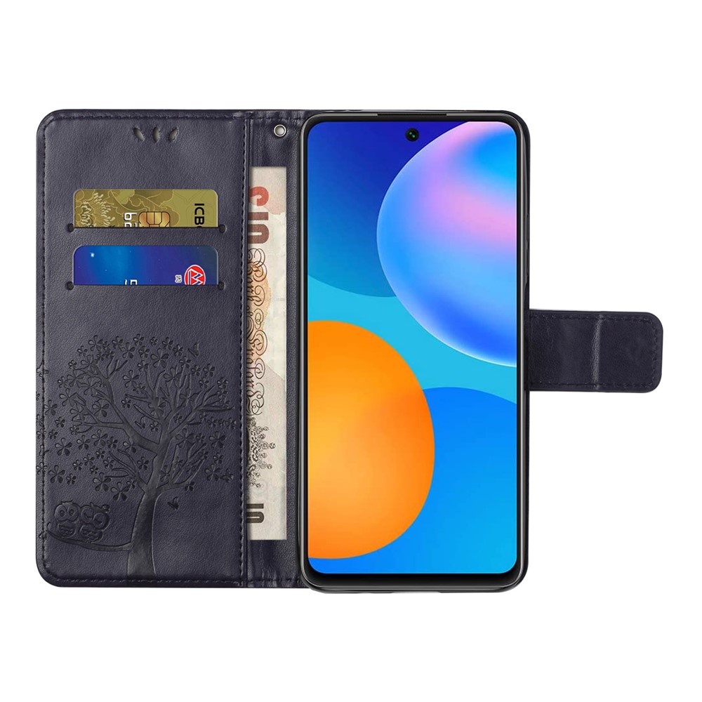 Imprint Tree Owl Pattern Flip Stand Wallet Leather Mobile Casing for OnePlus 9R - Dark Blue-4