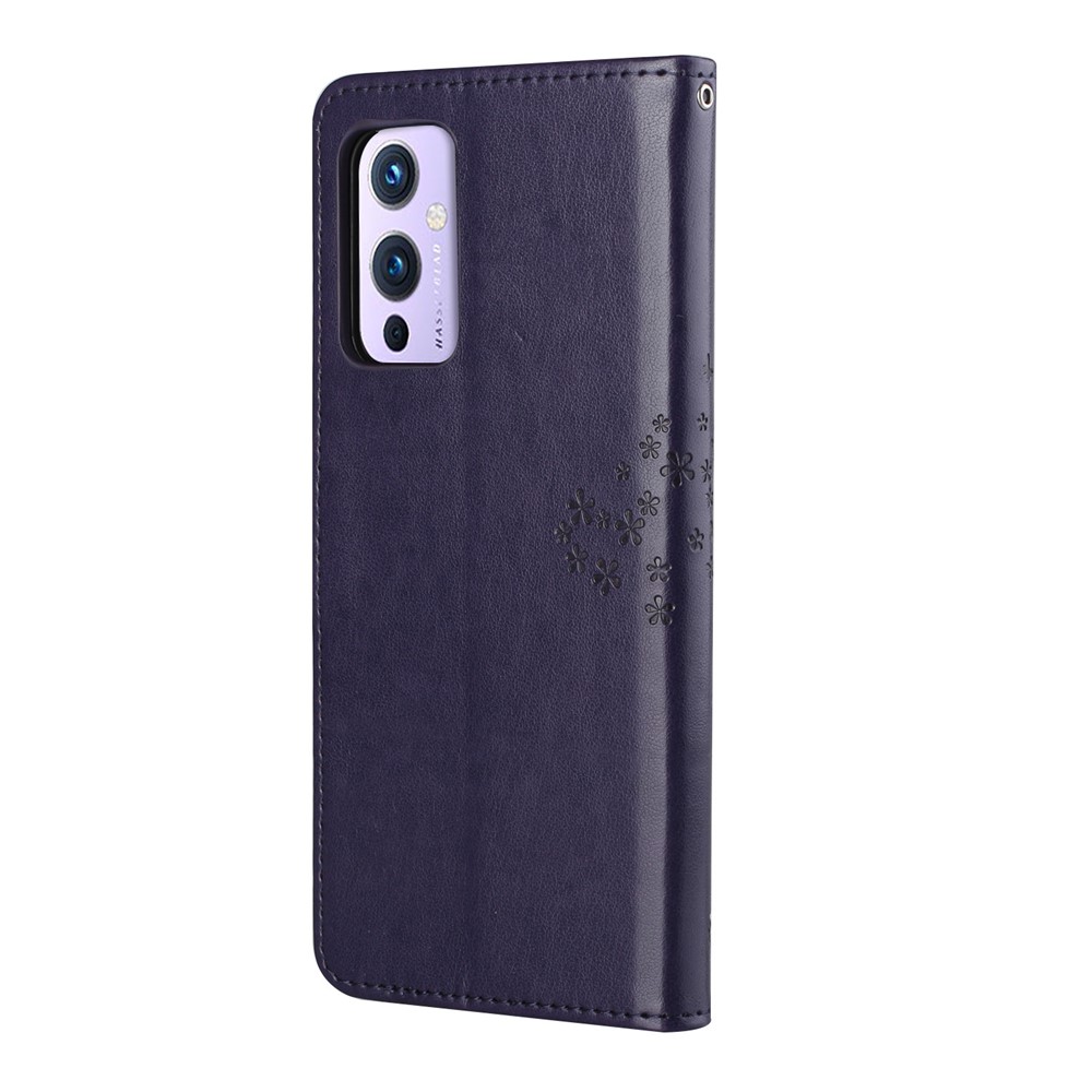 Imprint Tree Owl Pattern Flip Stand Wallet Leather Mobile Casing for OnePlus 9R - Dark Blue-6