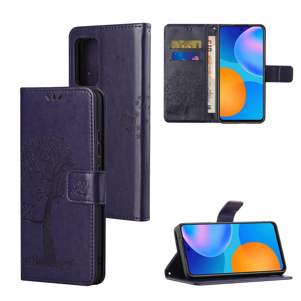 Imprint Tree Owl Pattern Flip Stand Wallet Leather Mobile Casing for OnePlus 9R - Dark Blue-7