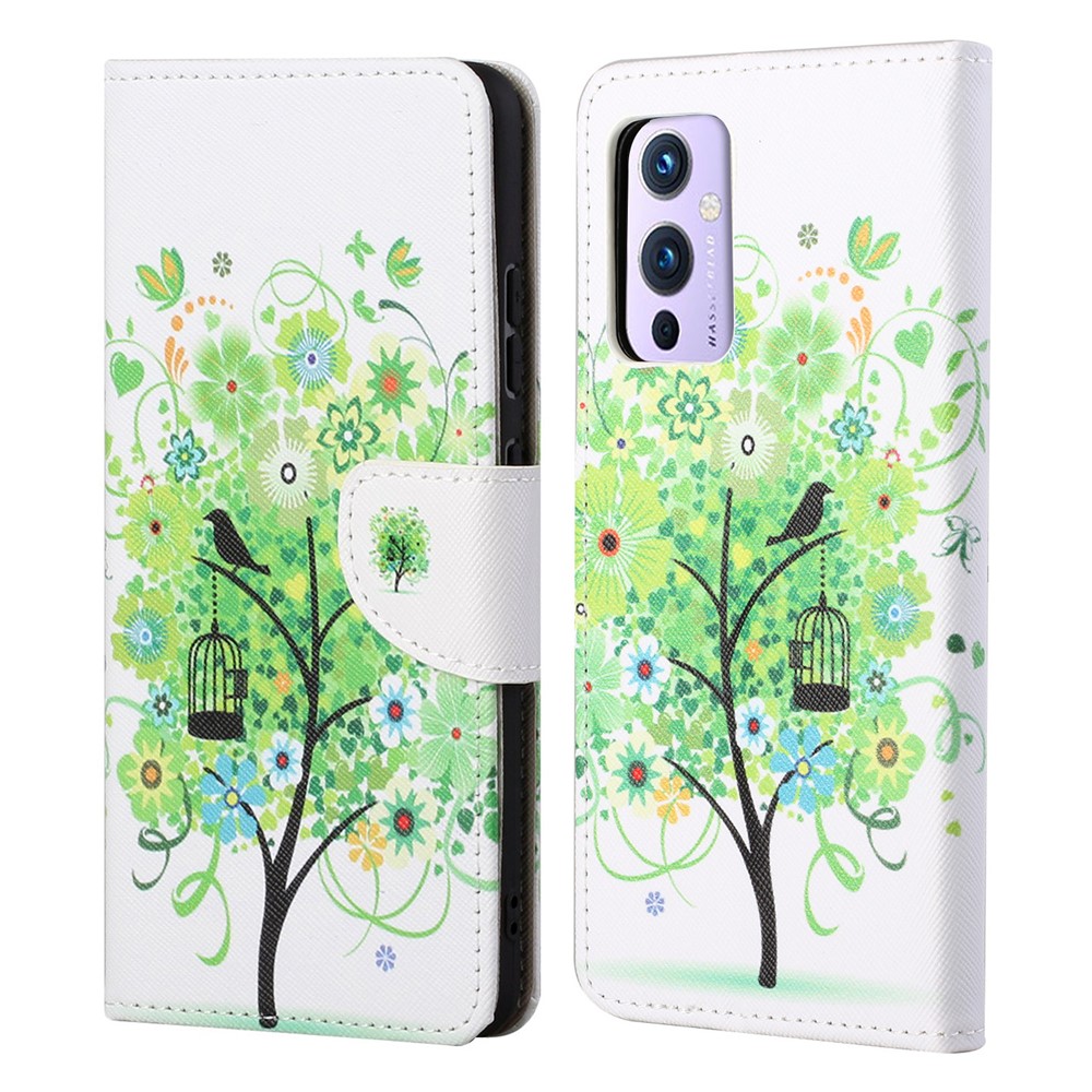 Wallet Stand Design Pattern Printing Cross Texture Leather Case Shell for OnePlus 9 Pro - Green Tree-1