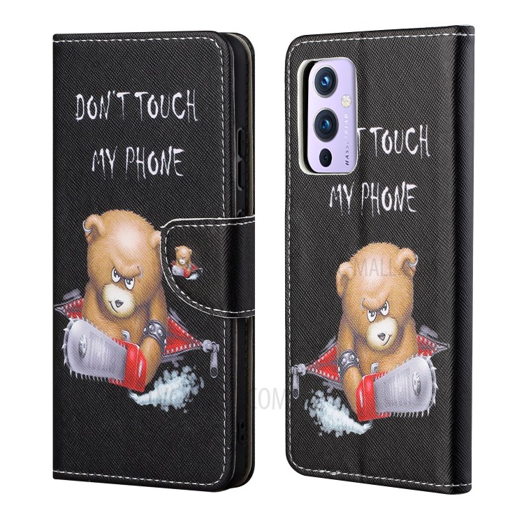 Pattern Printing Cross Texture Leather Phone Case Shell Wallet Stand for OnePlus 9R - Angry Bear-1