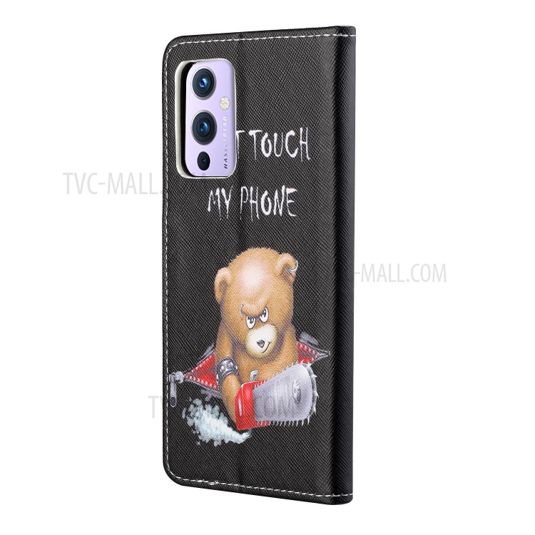 Pattern Printing Cross Texture Leather Phone Case Shell Wallet Stand for OnePlus 9R - Angry Bear-6