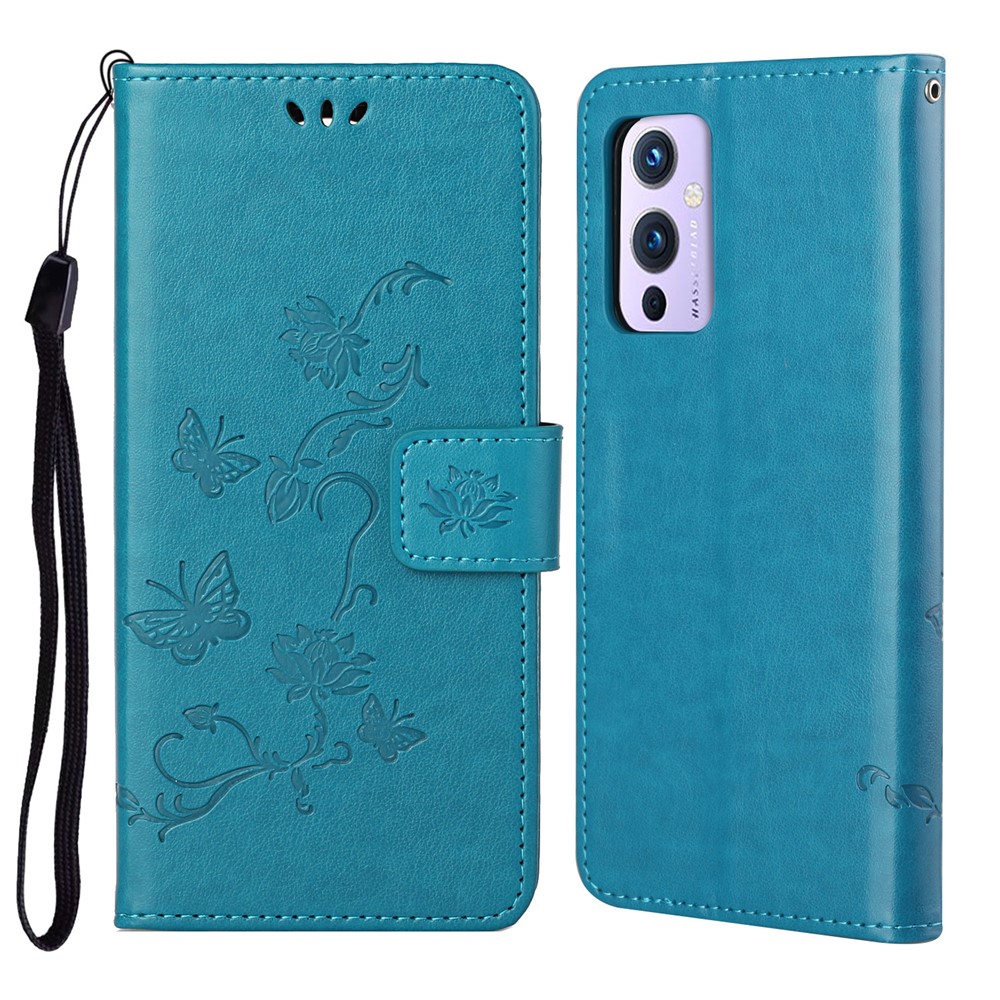 Imprint Butterfly Flower Card Holder Wallet Leather Case with Foldable Stand for OnePlus 9R - Baby Blue-1