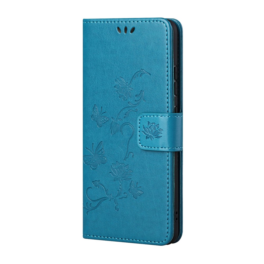 Imprint Butterfly Flower Card Holder Wallet Leather Case with Foldable Stand for OnePlus 9R - Baby Blue-5