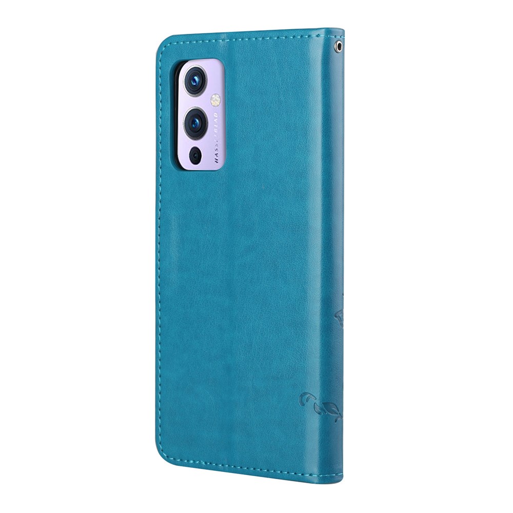 Imprint Butterfly Flower Card Holder Wallet Leather Case with Foldable Stand for OnePlus 9R - Baby Blue-6