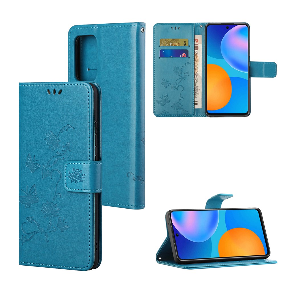 Imprint Butterfly Flower Card Holder Wallet Leather Case with Foldable Stand for OnePlus 9R - Baby Blue-7