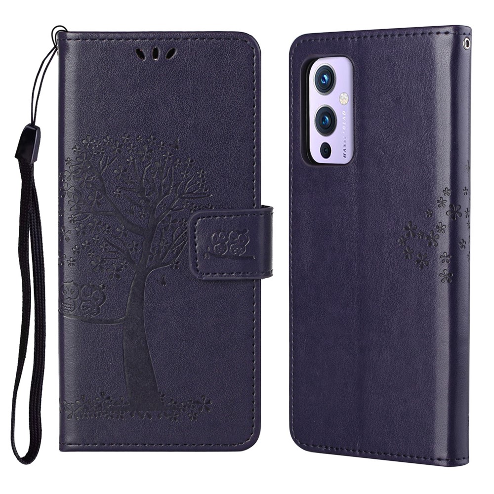 Imprint Tree Owl Pattern Wallet Leather Case with Supporting Stand for OnePlus 9 Pro - Dark Blue-1