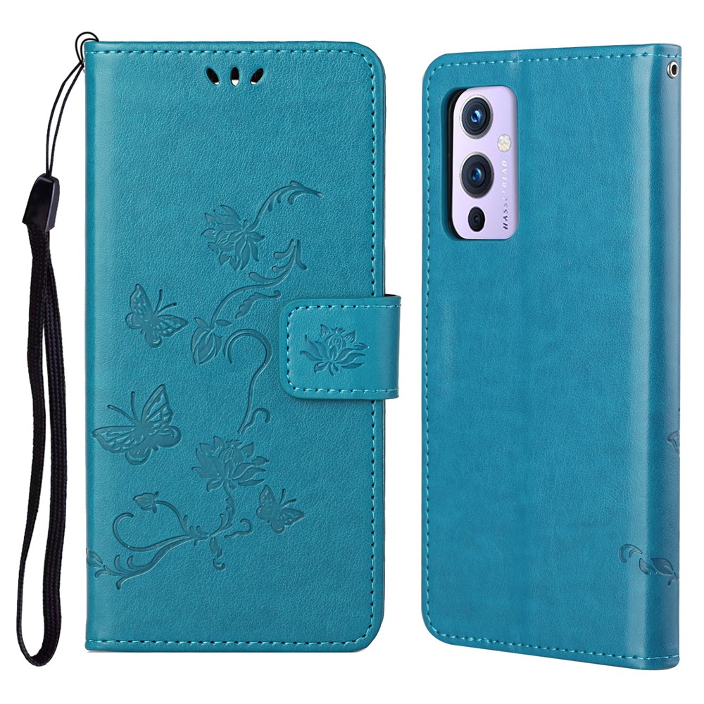 Imprint Butterfly Flower Protective Leather Wallet Cover with Foldable Stand for OnePlus 9 Pro - Baby Blue-1