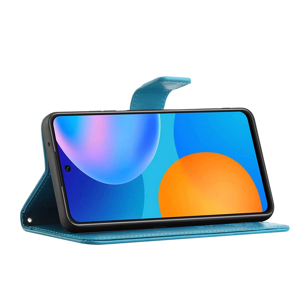 Imprint Butterfly Flower Protective Leather Wallet Cover with Foldable Stand for OnePlus 9 Pro - Baby Blue-3