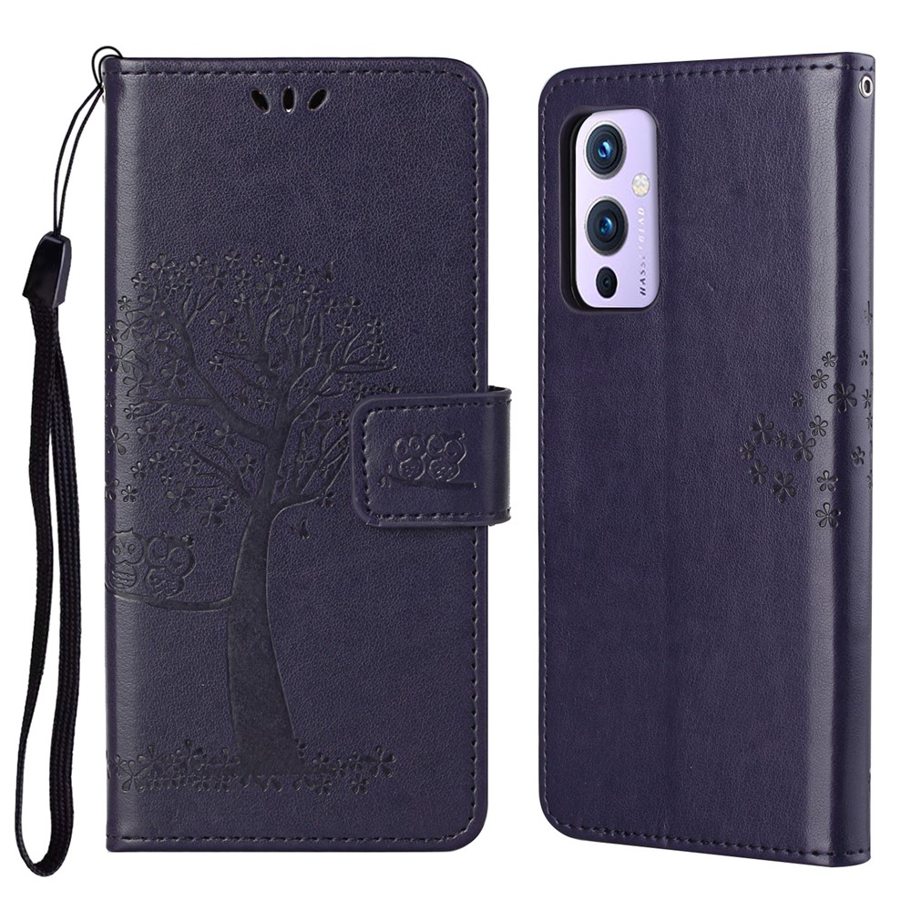 Imprint Tree Owl Pattern Wallet Leather Stand Case for OnePlus 9 (EU / US Version) - Dark Blue-1