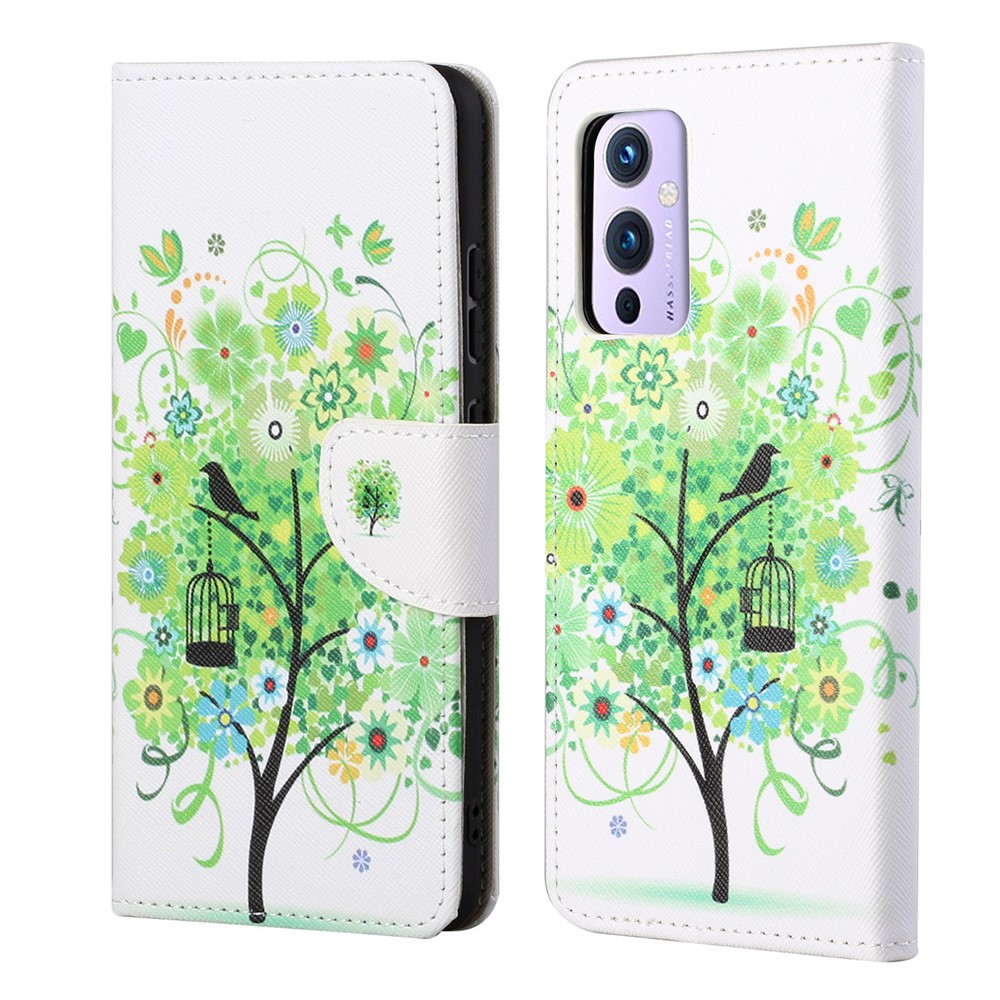 Wallet Stand Design Pattern Printing Cross Texture Leather Case for OnePlus 9 (EU / US Version) - Green Tree-1