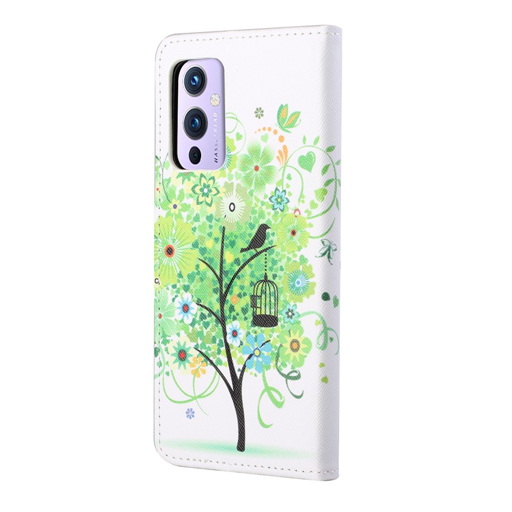 Wallet Stand Design Pattern Printing Cross Texture Leather Case for OnePlus 9 (EU / US Version) - Green Tree-4