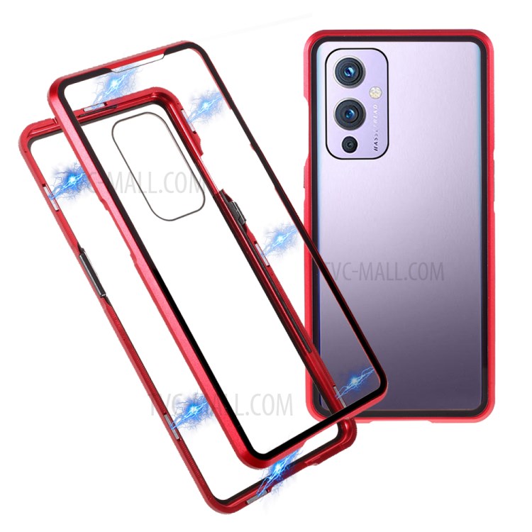 Volles Abdeckung Magnetic Metallrahmen + Zweiseitiges Gehärtetes Glaszellengehäuse Für OnePlus 9 (EU / US Version) - Rot-1