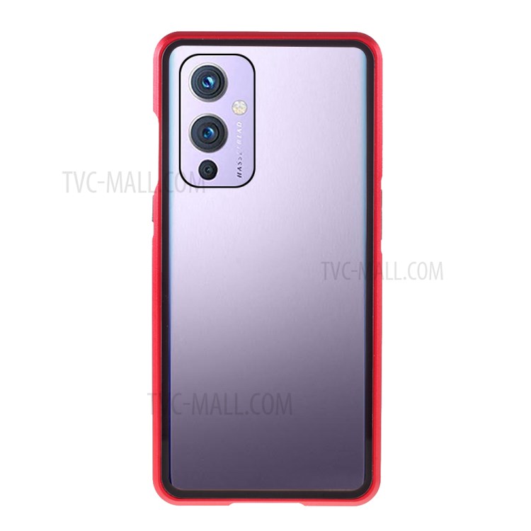 Volles Abdeckung Magnetic Metallrahmen + Zweiseitiges Gehärtetes Glaszellengehäuse Für OnePlus 9 (EU / US Version) - Rot-11