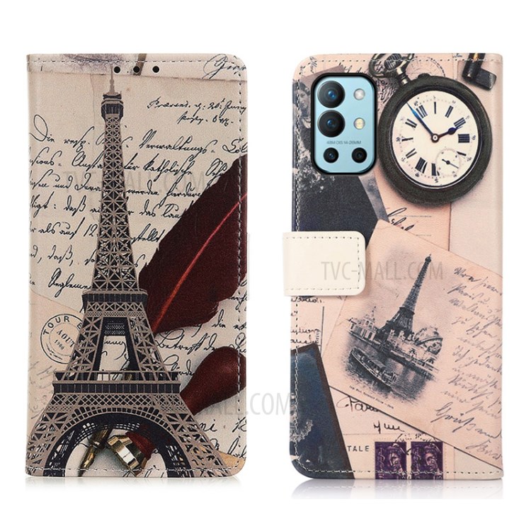 Pattern Printing Stand Wallet PU Leather Phone Case Shell for OnePlus 9R - Tower and Feather-1