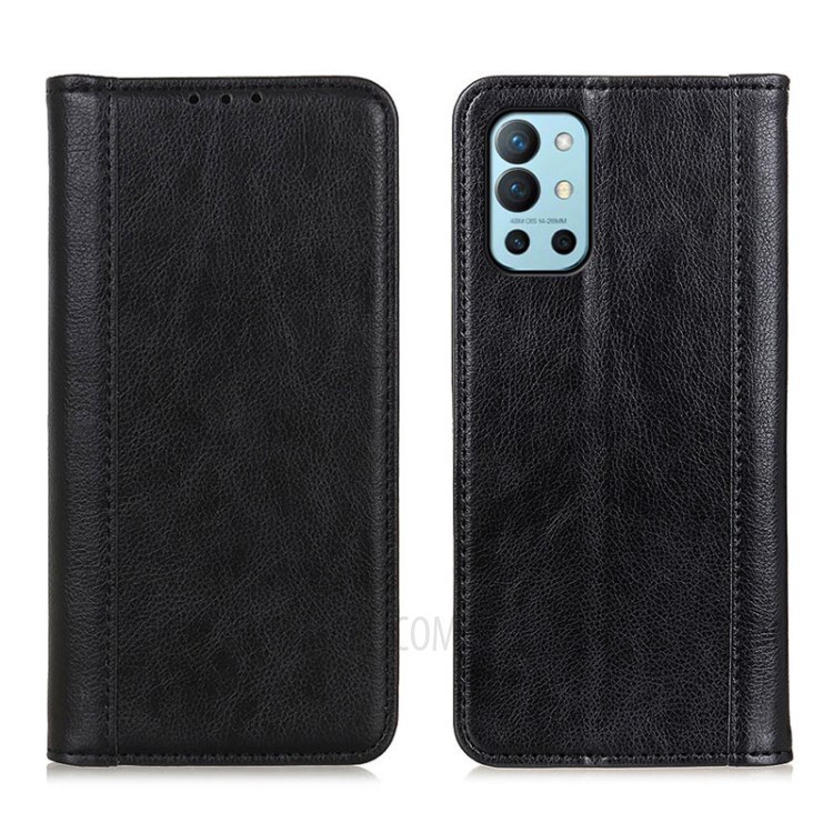 Auto-absorbed Litchi Texture Split Leather Case for OnePlus 9R Wallet Phone Cover Stand - Black-1