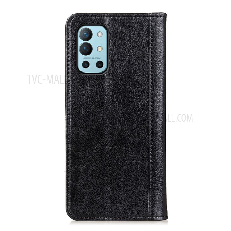 Auto-absorbed Litchi Texture Split Leather Case for OnePlus 9R Wallet Phone Cover Stand - Black-2