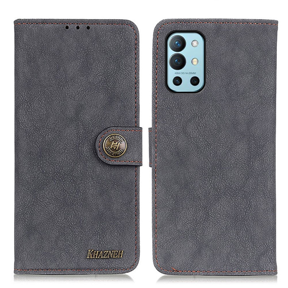 KHAZHEN Stitching Line Design Retro Wallet Stand Split Leather Phone Cover Case for OnePlus 9R - Black-1