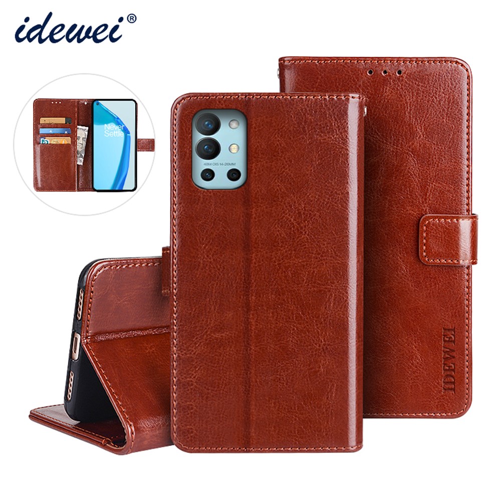 IDEWEI Folio Flip Wallet Crazy Horse Texture Leather Mobile Casing for OnePlus 9R - Brown-11