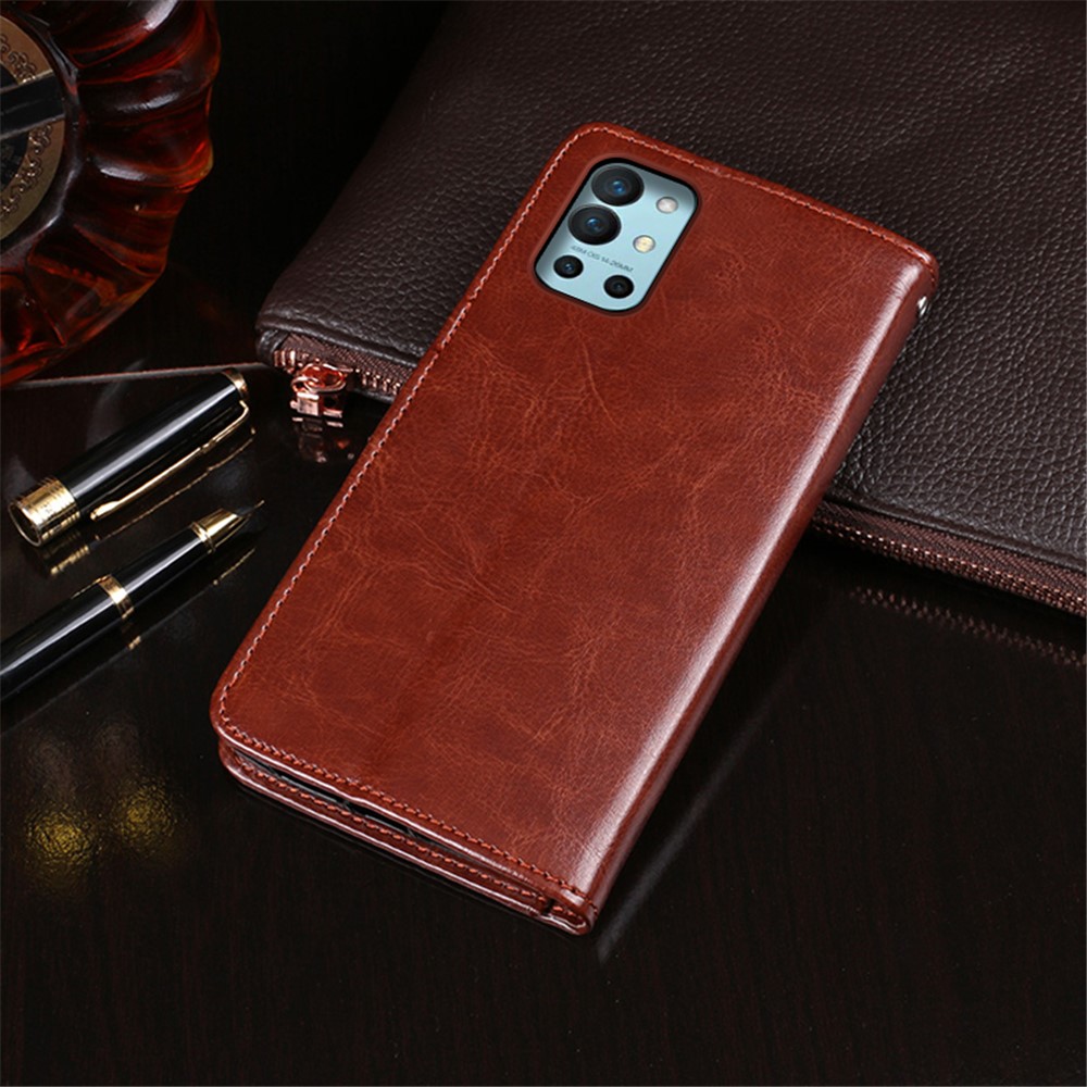 IDEWEI Folio Flip Wallet Crazy Horse Texture Leather Mobile Casing for OnePlus 9R - Brown-5