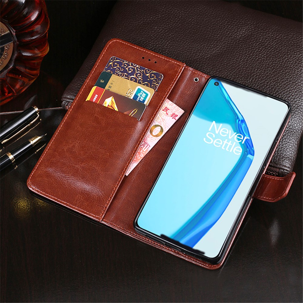 IDEWEI Folio Flip Wallet Crazy Horse Texture Leather Mobile Casing for OnePlus 9R - Brown-8