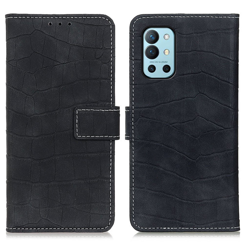 Crocodile Texture Leather Phone Protector Case Wallet Stand Cover for OnePlus 9R - Black-1