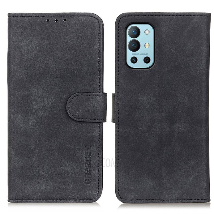 KHAZNEH Retro Style PU Leather Phone Case Shell Wallet Stand Cover for OnePlus 9R - Black-1