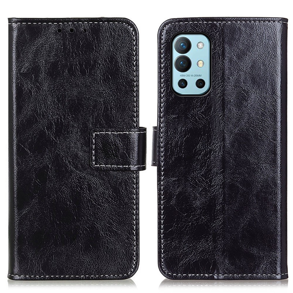 Retro Style Crazy Horse Texture Leather Phone Cover with Wallet Stand Design for OnePlus 9R - Black-1