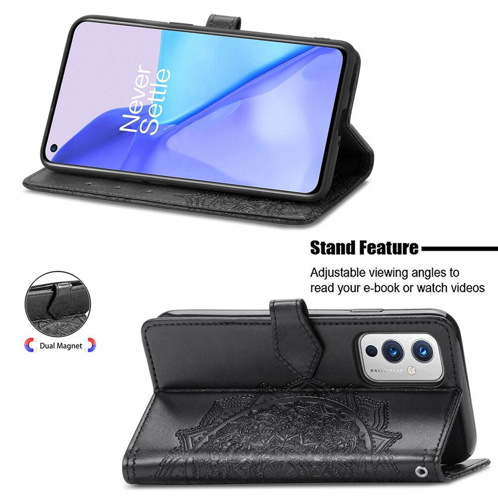 Embossed Mandala Flower PU Leather Case Stand Wallet for OnePlus 9 (EU / US Version) - Black-3