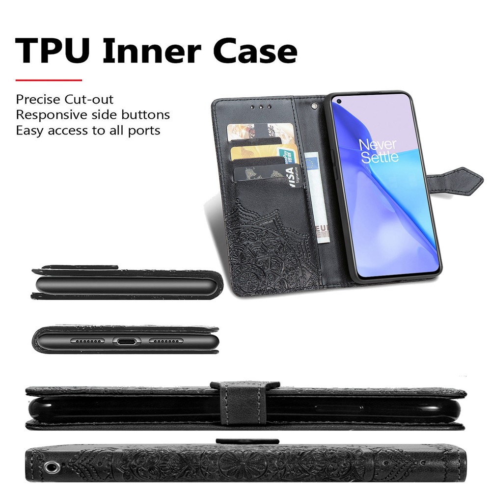 Embossed Mandala Flower PU Leather Case Stand Wallet for OnePlus 9 (EU / US Version) - Black-6