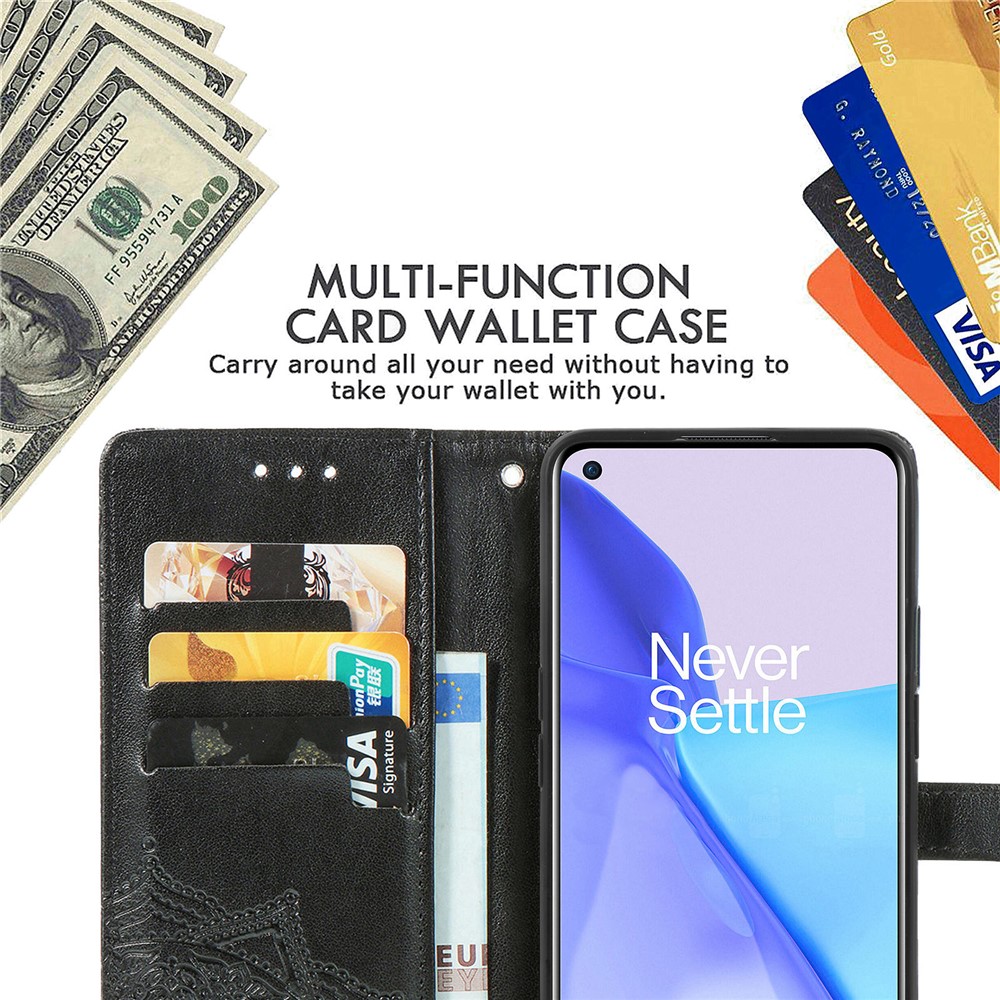 Embossed Mandala Flower PU Leather Case Stand Wallet for OnePlus 9 (EU / US Version) - Black-9