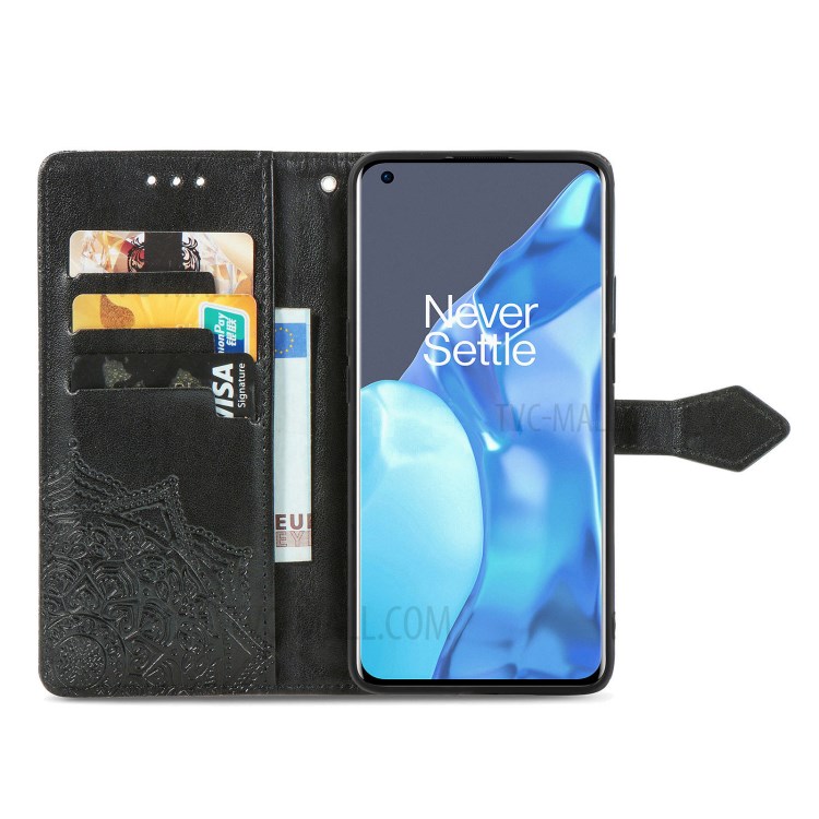 Embossed Mandala Flower PU Leather Case Stand Wallet for OnePlus 9 Pro - Black-11