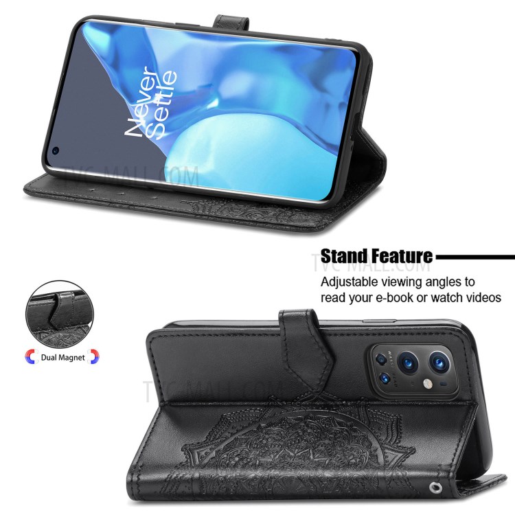 Embossed Mandala Flower PU Leather Case Stand Wallet for OnePlus 9 Pro - Black-3