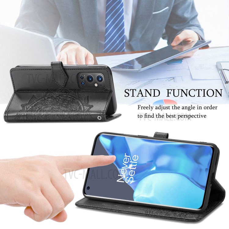 Embossed Mandala Flower PU Leather Case Stand Wallet for OnePlus 9 Pro - Black-5
