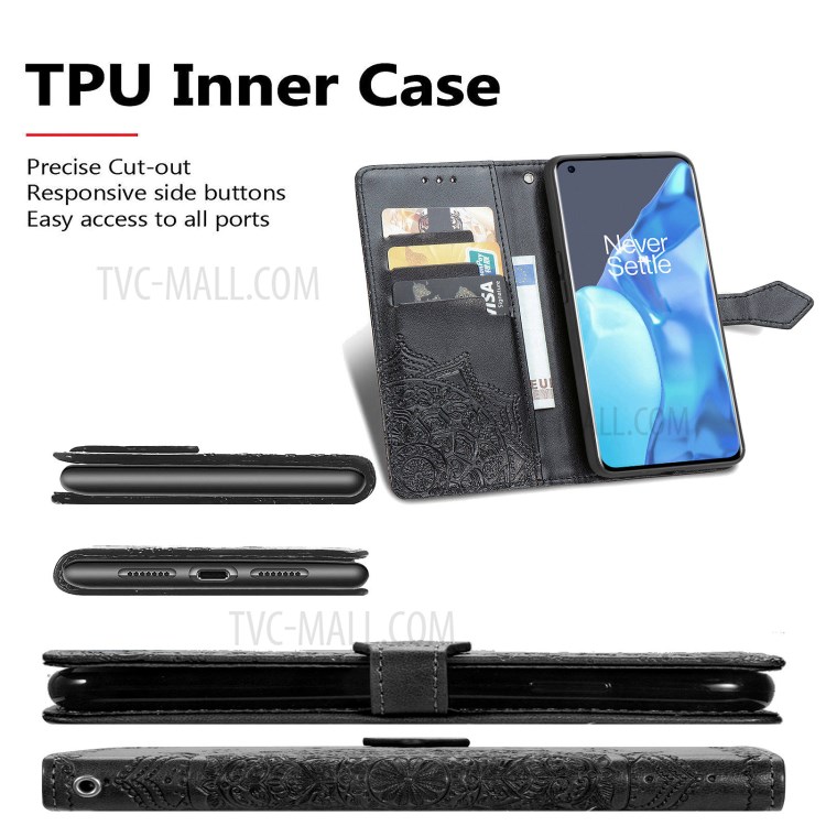 Embossed Mandala Flower PU Leather Case Stand Wallet for OnePlus 9 Pro - Black-6