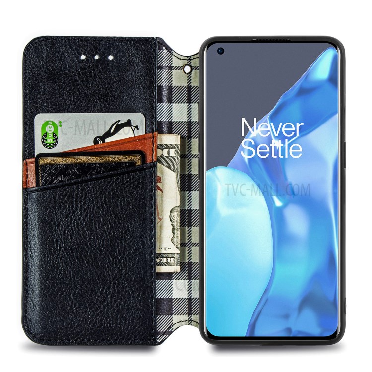 Rhombus Imprinting Design Auto-Absorbed Magnet PU Leather Case with Wallet Stand for OnePlus 9 Pro - Black-12