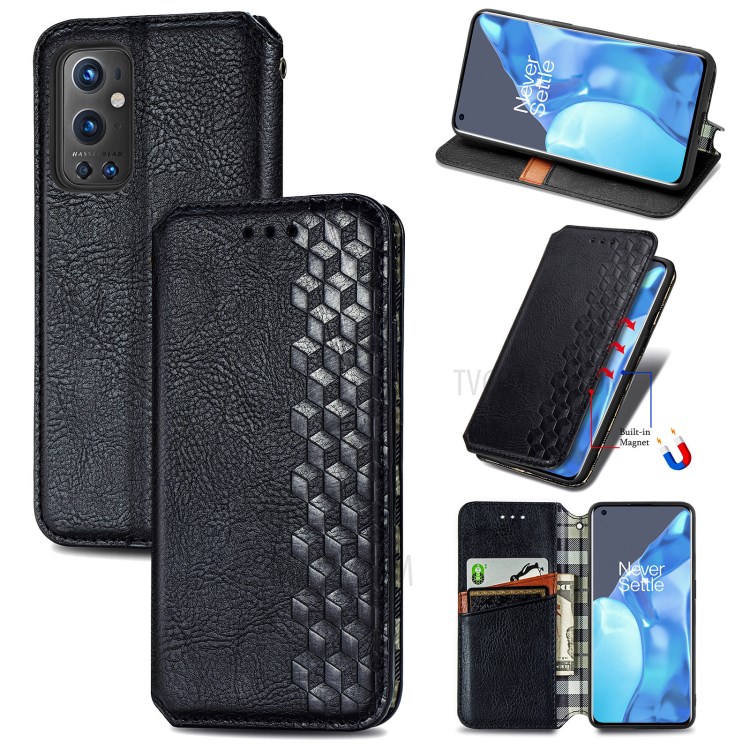 Rhombus Imprinting Design Auto-Absorbed Magnet PU Leather Case with Wallet Stand for OnePlus 9 Pro - Black-13