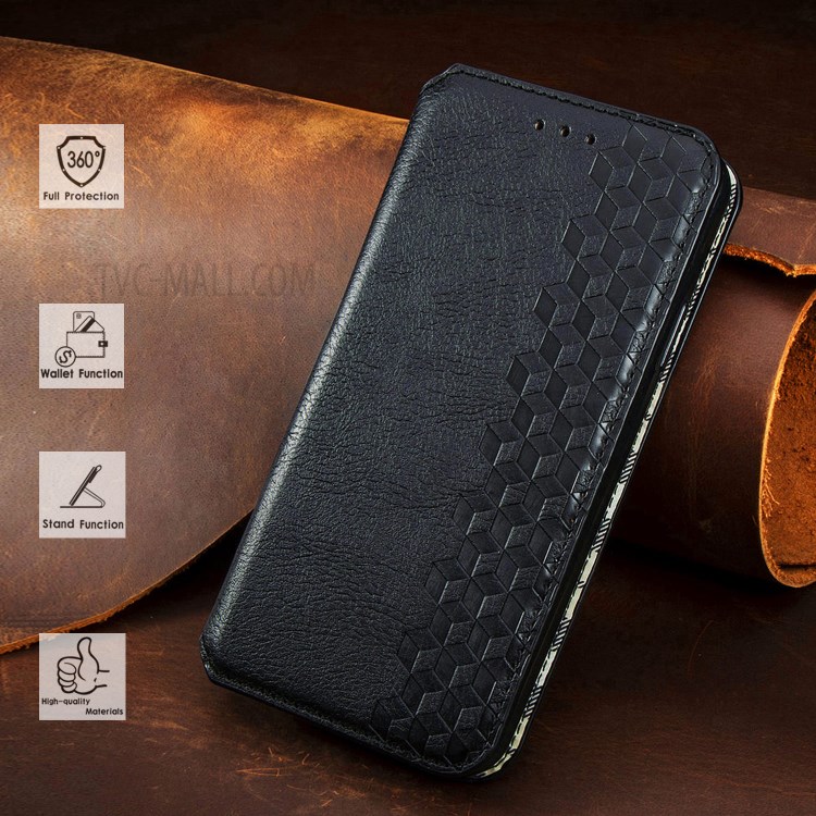 Rhombus-spruding-design Automatisch Absorbiertes Magnet-pu-leder-hülle Mit Brieftasche Für OnePlus 9 Pro - Schwarz